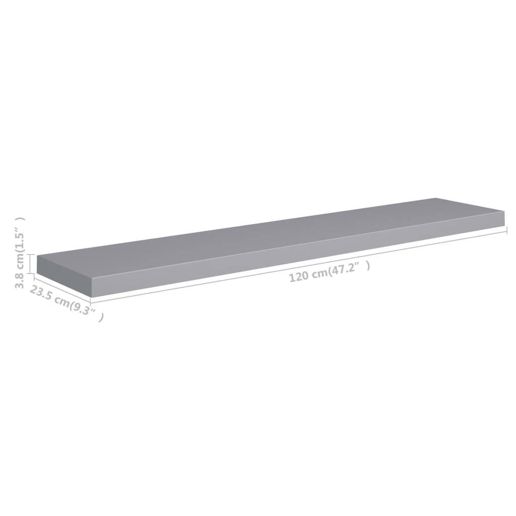 Flytende vegghyller 2 stk grå 120x23,5x3,8 cm MDF