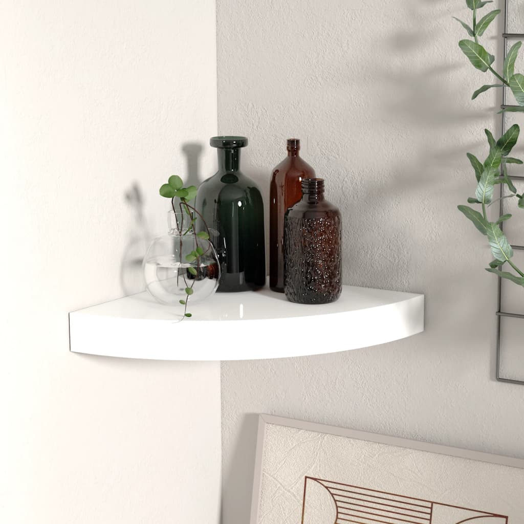 Flytende hjørnehylle høyglans hvit 25x25x3,8 cm MDF
