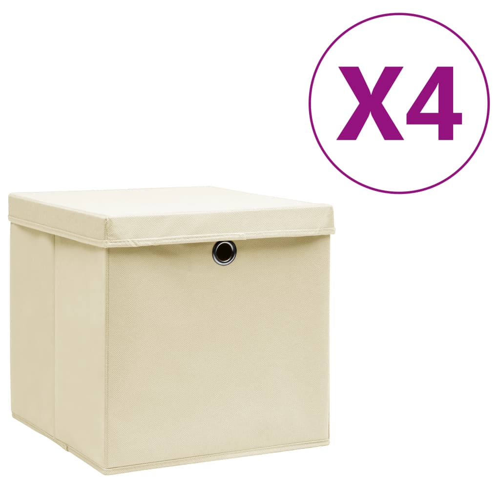 Oppbevaringsbokser med deksler 4 stk 28x28x28 cm kremhvit