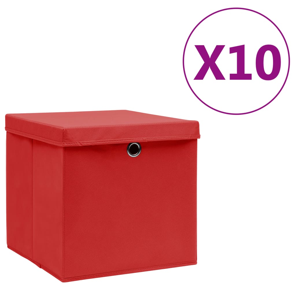 Oppbevaringsbokser med deksler 10 stk 28x28x28 cm rød