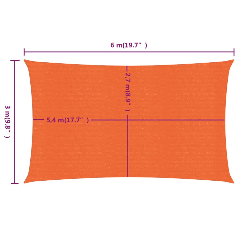 Solseil 160 g/m² rektangulær oransje 3x6 m HDPE