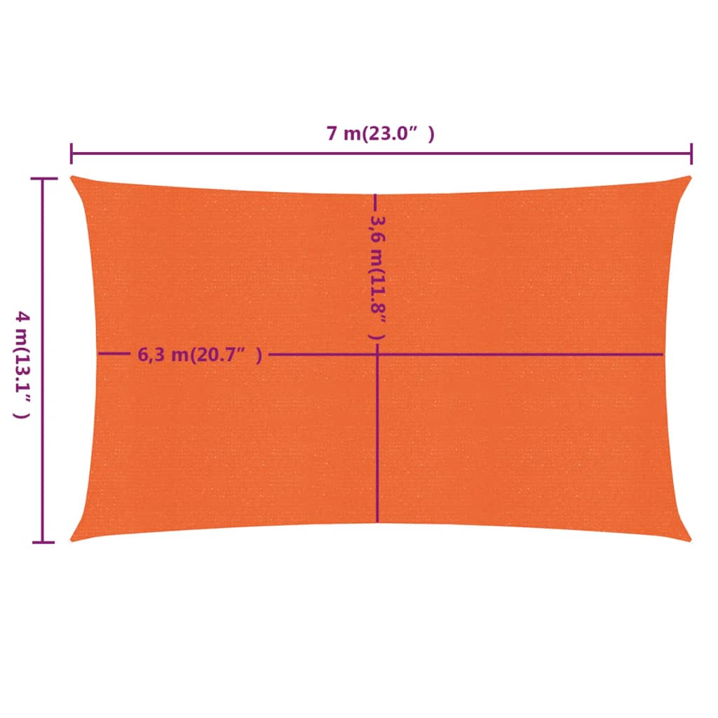 Solseil 160 g/m² rektangulær oransje 4x7 m HDPE