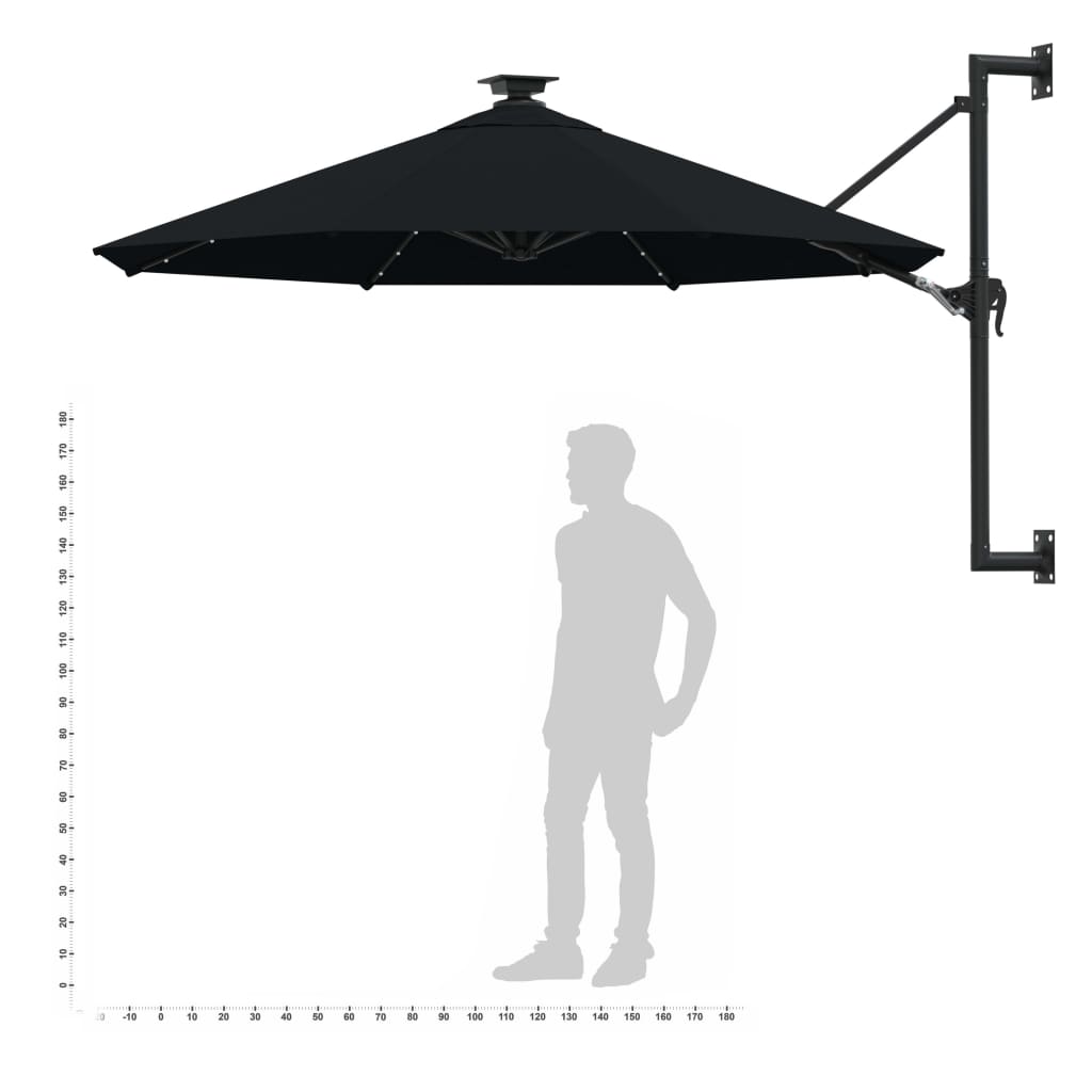 Vegghengt hageparasoll med LED 300 cm svart
