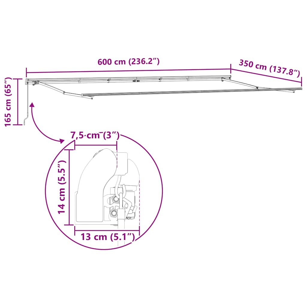 Markiseramme Hvit 600 × 350 cm Aluminium vidaXL