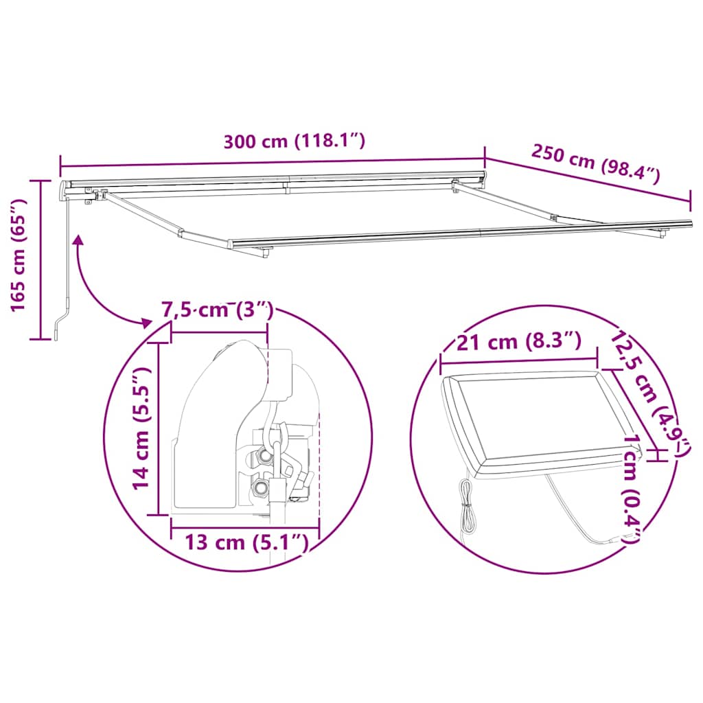 Markiseramme med LED -stripelys Hvit 300 x 250 cm Aluminium