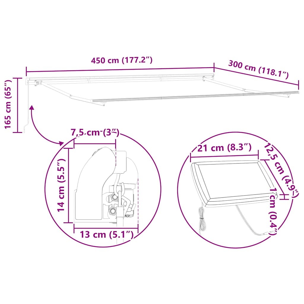 Markiseramme med LED -stripelys Hvit 450 × 300 cm Aluminium