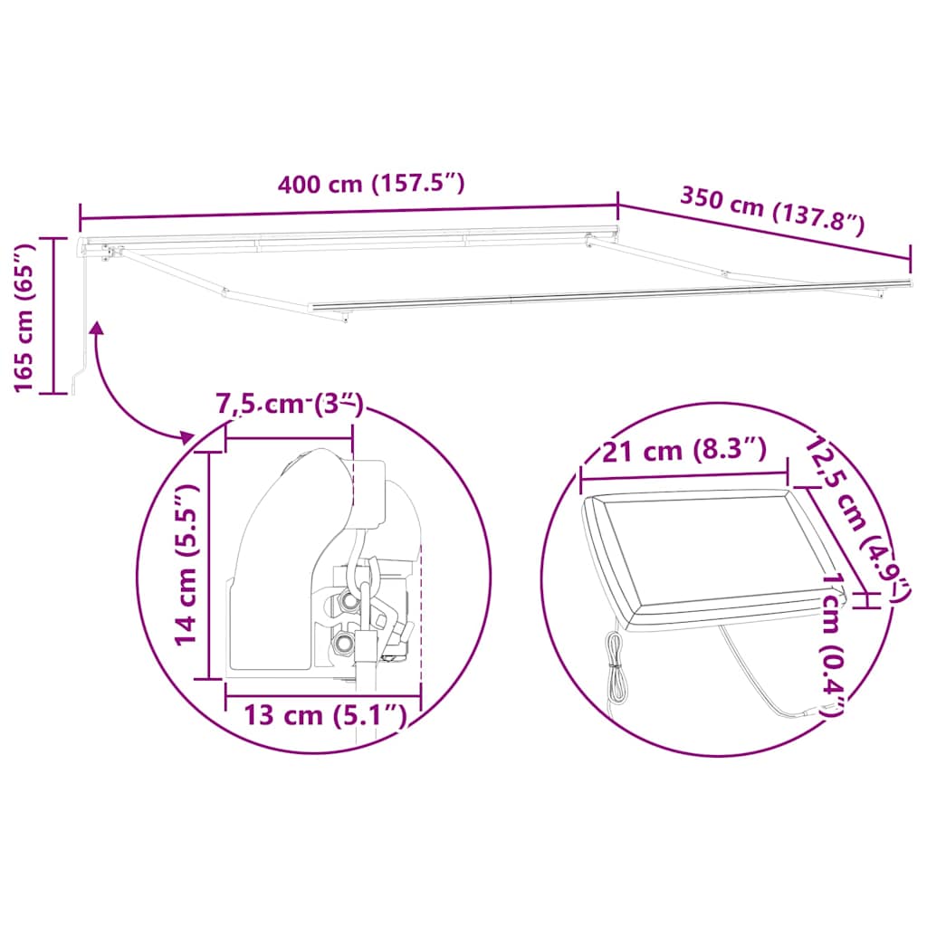 Markiseramme med LED -stripelys Hvit 400 × 350 cm Aluminium