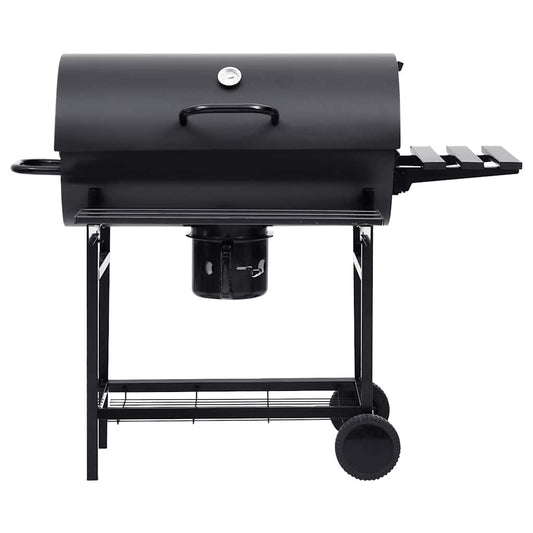 Tønnegrill med hjul og hyller svart stål 115x85x95 cm