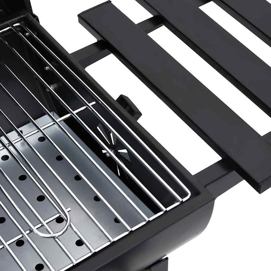 Tønnegrill med hjul og hyller svart stål 115x85x95 cm