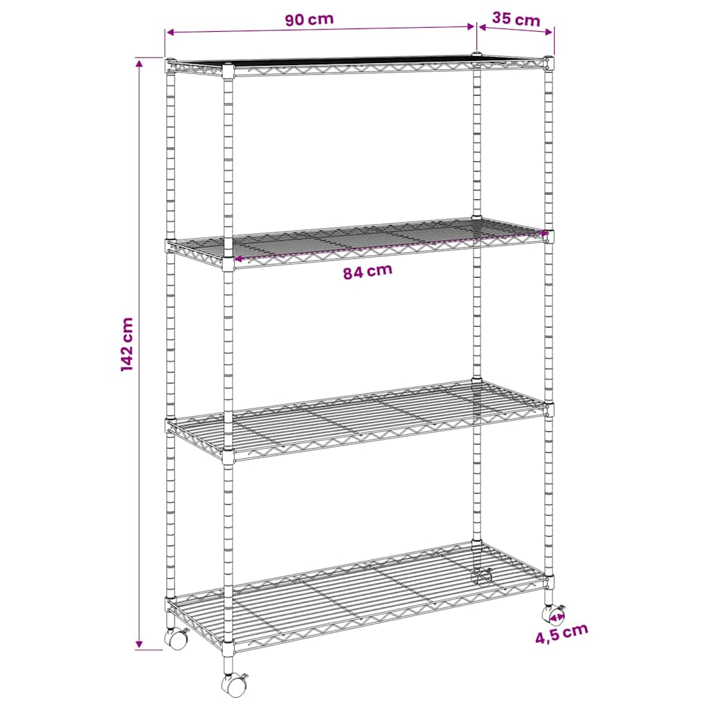 Oppbevaringshylle 4 etasjer med hjul 90x35x142 cm svart 200 kg