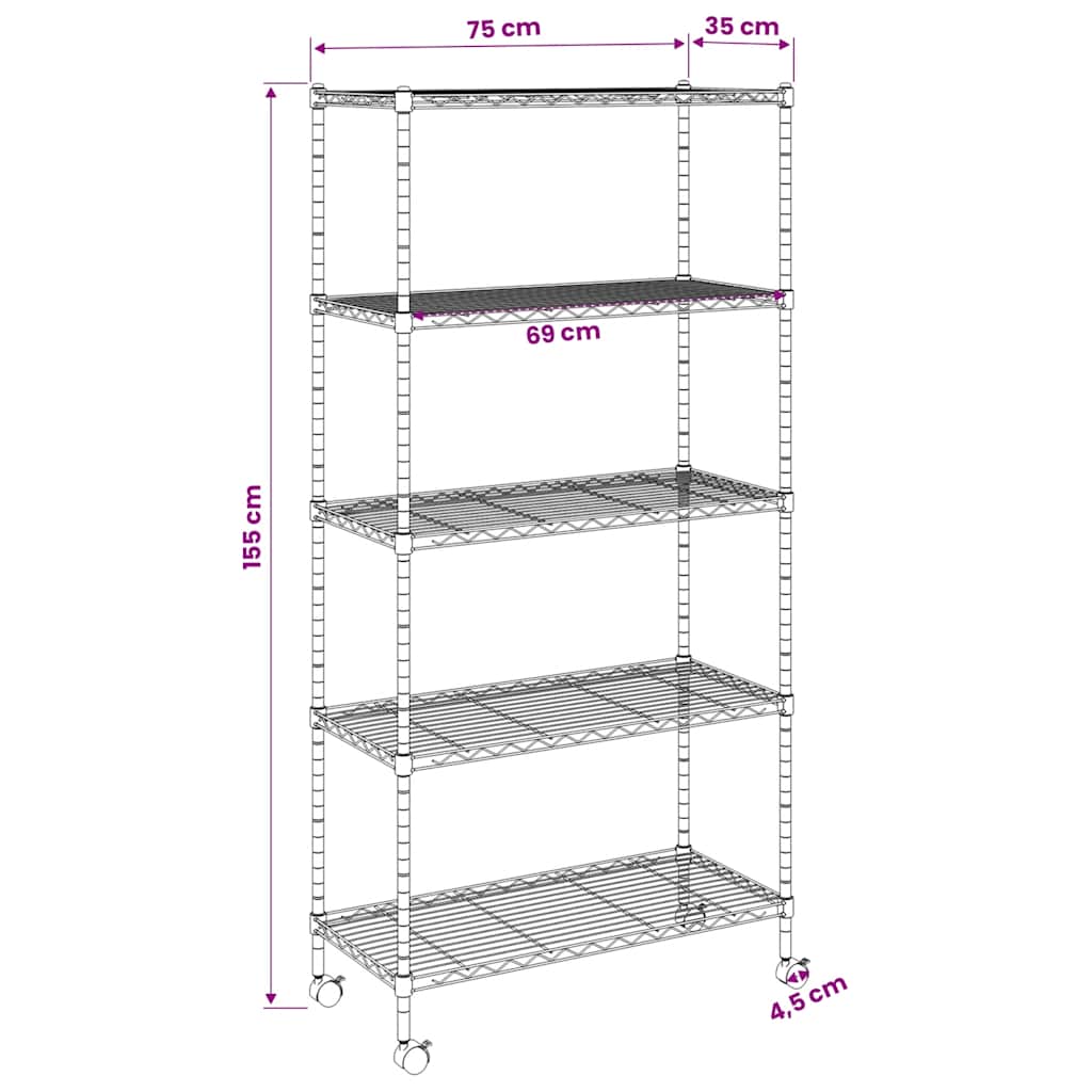Oppbevaringshylle 5 etasjer med hjul 75x35x155 cm svart 250 kg