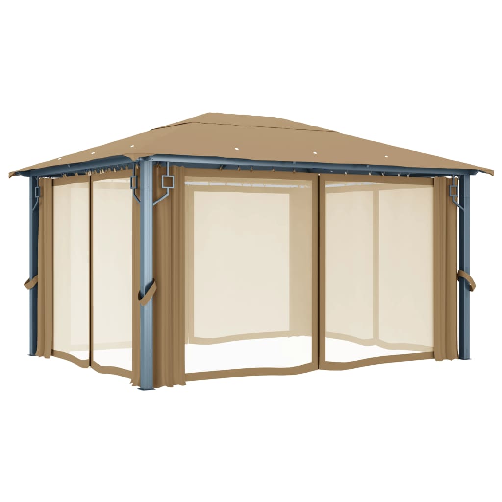 Paviljong med gardin 400x300 cm gråbrun aluminium
