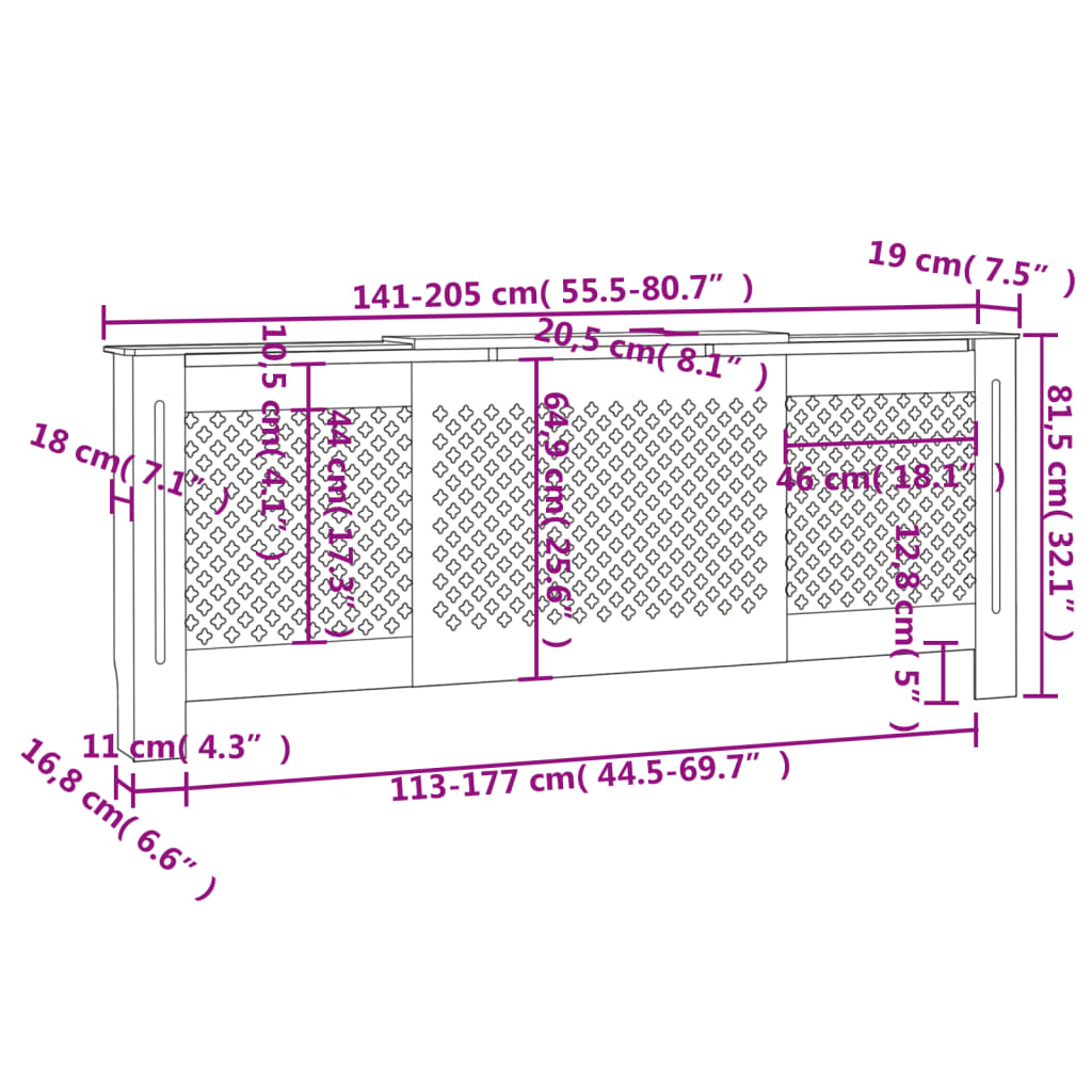 MDF Radiatordeksel 205 cm hvit