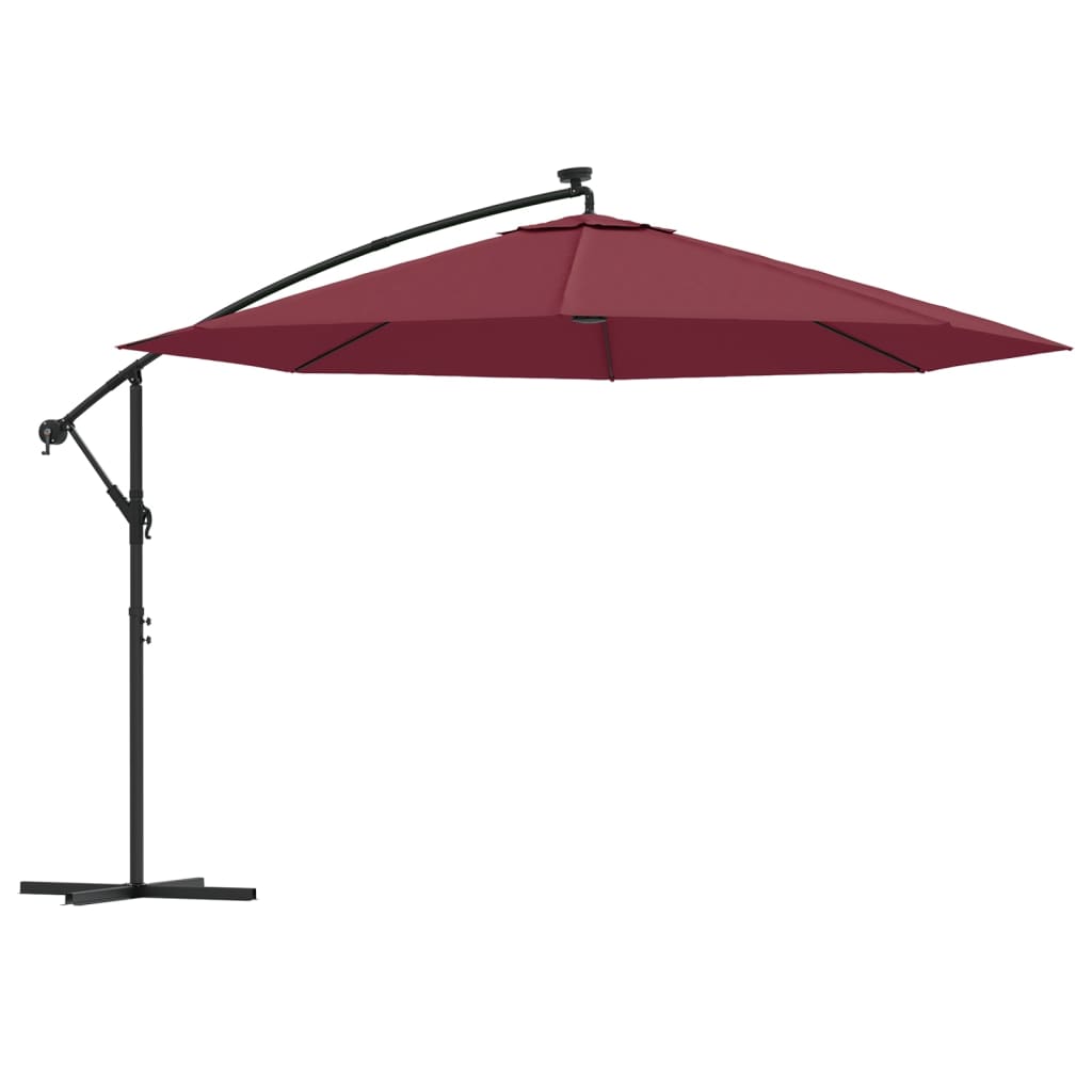 Hengende hageparasoll med LED-lys vinrød 350 cm