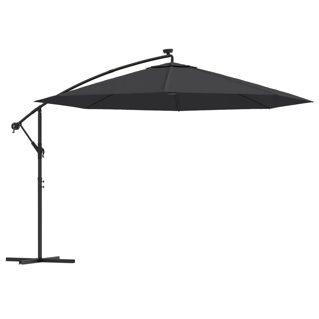 Hengende hageparasoll med LED-lys svart 350 cm