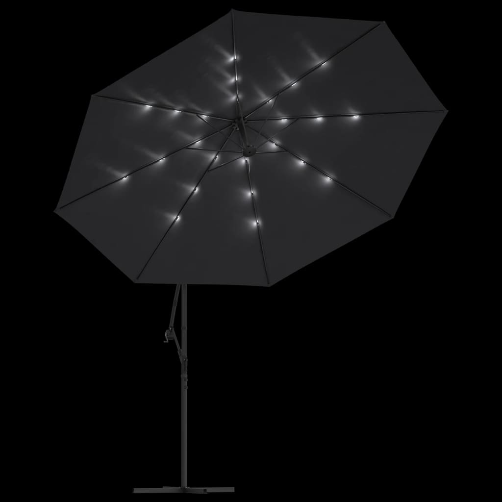 Hengende hageparasoll med LED-lys svart 350 cm