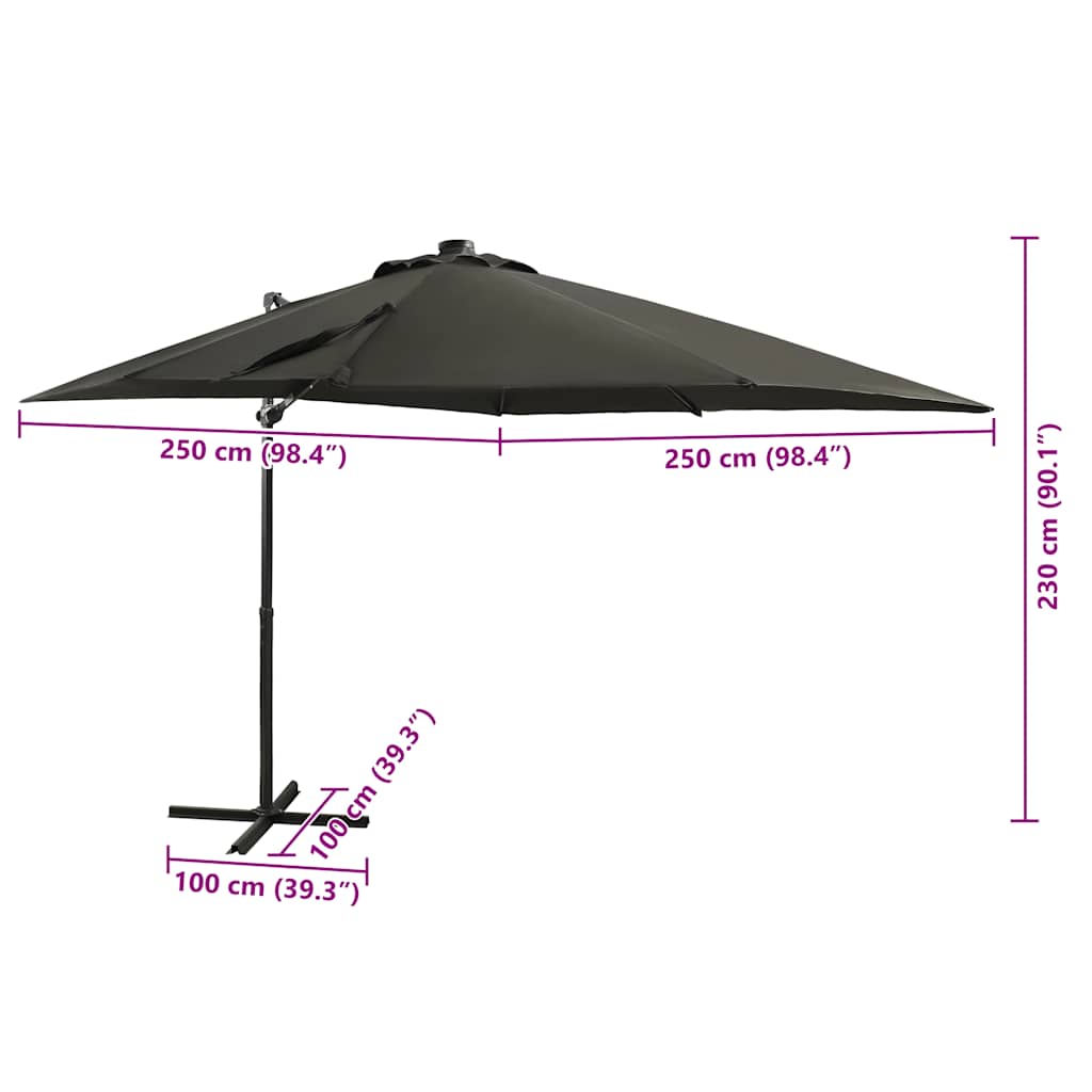 Hengende hageparasoll med stang og LED-lys antrasitt 250 cm