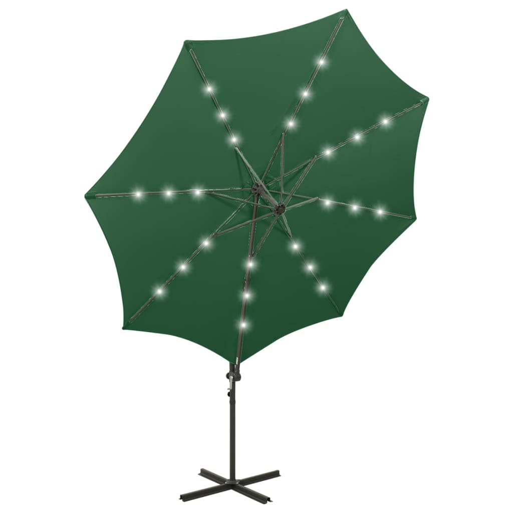 Hengende hageparasoll med stang og LED-lys grønn 300 cm