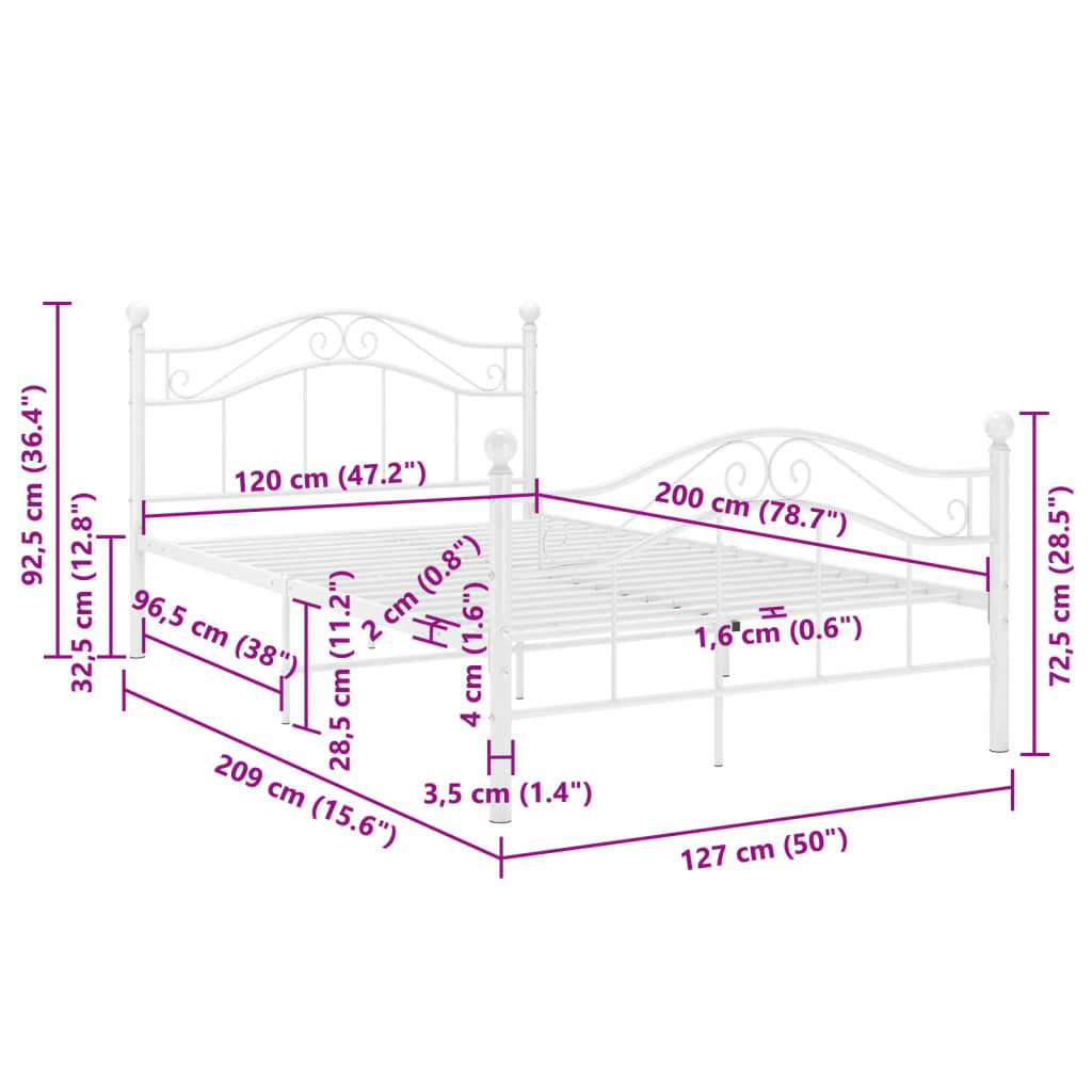 Sengeramme hvit metall 120x200 cm