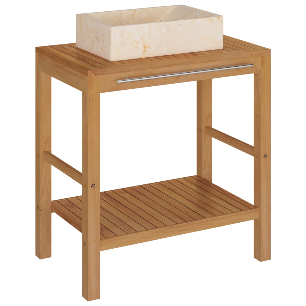 Baderomshylle heltre teak med vask marmor kremhvit