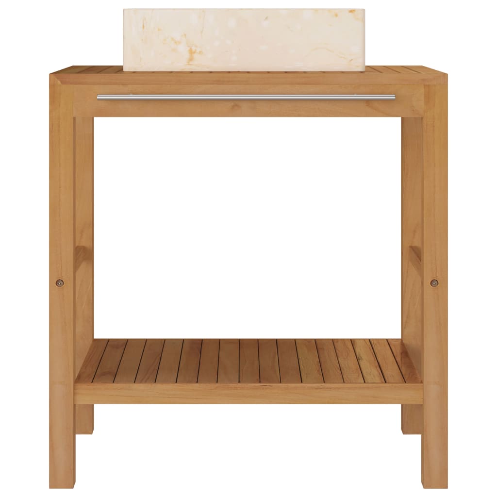 Baderomshylle heltre teak med vask marmor kremhvit
