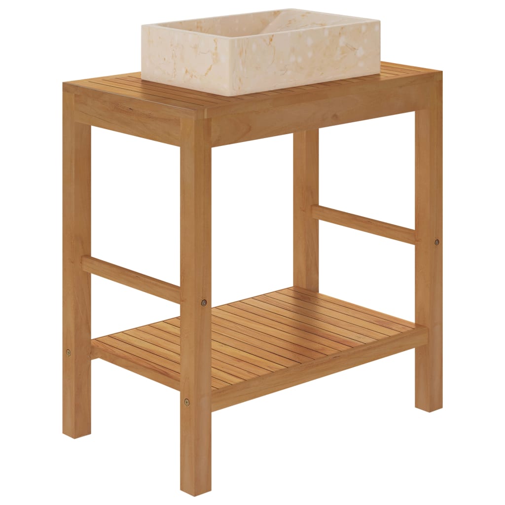 Baderomshylle heltre teak med vask marmor kremhvit