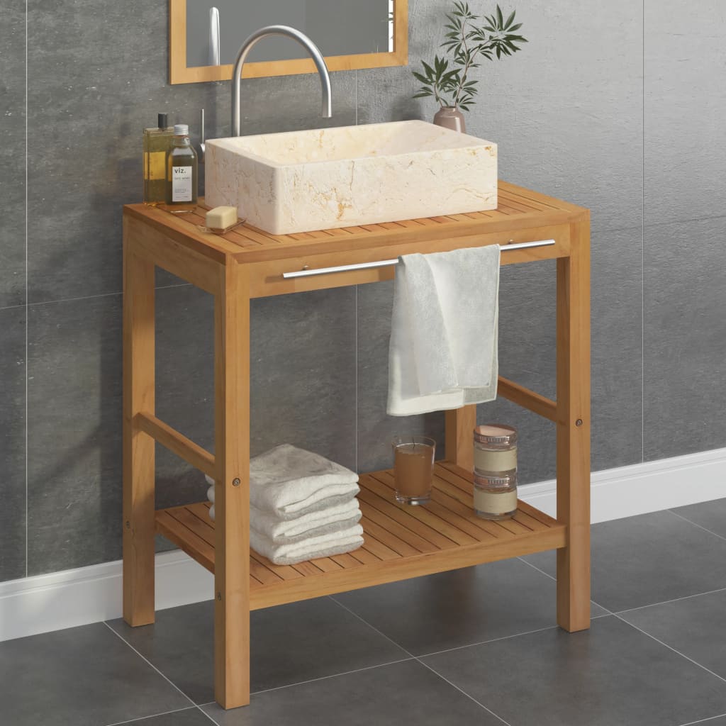 Baderomshylle heltre teak med vask marmor kremhvit