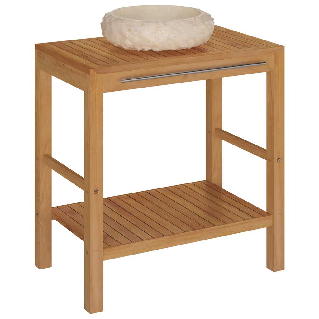 Baderomshylle heltre teak med vask marmor kremhvit