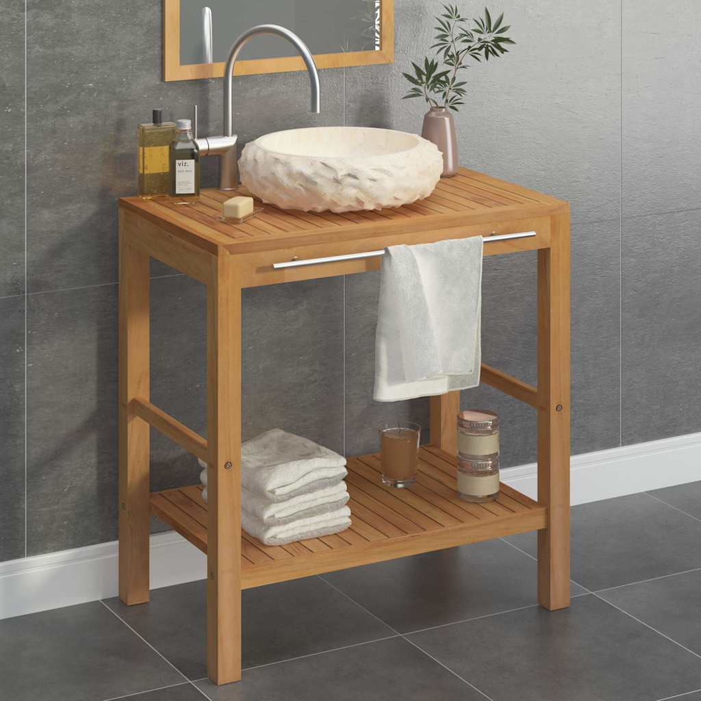 Baderomshylle heltre teak med vask marmor kremhvit