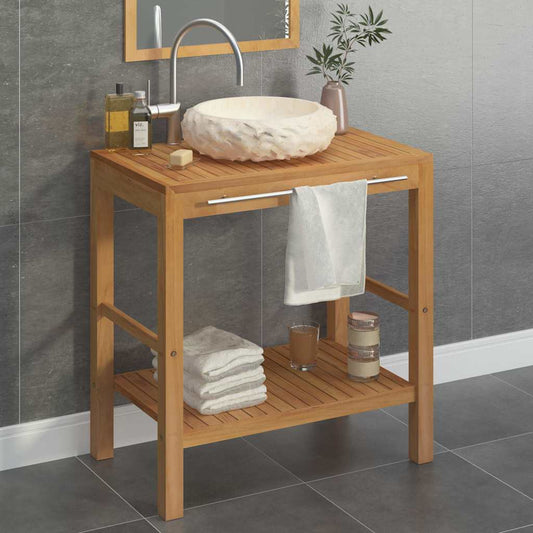 Baderomshylle heltre teak med vask marmor kremhvit