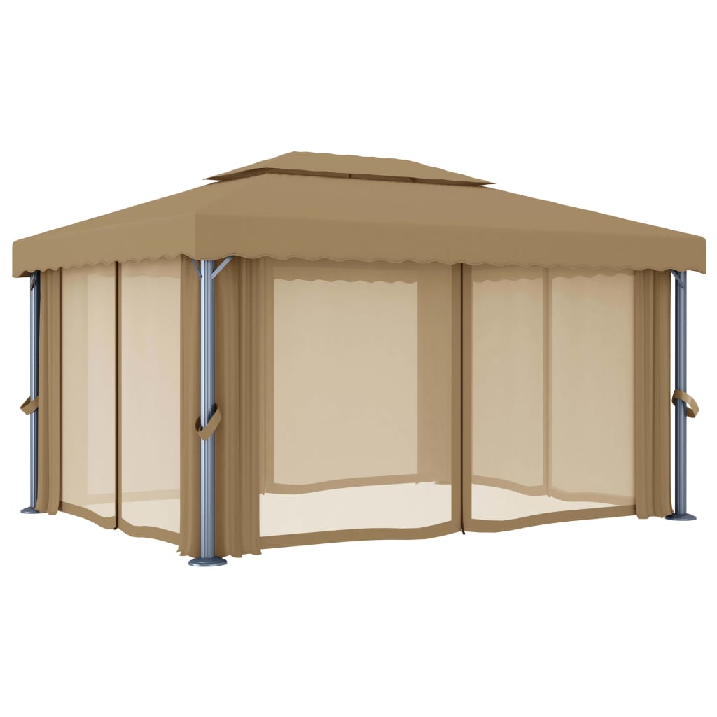 Paviljong med gardin 4x3 m gråbrun aluminium