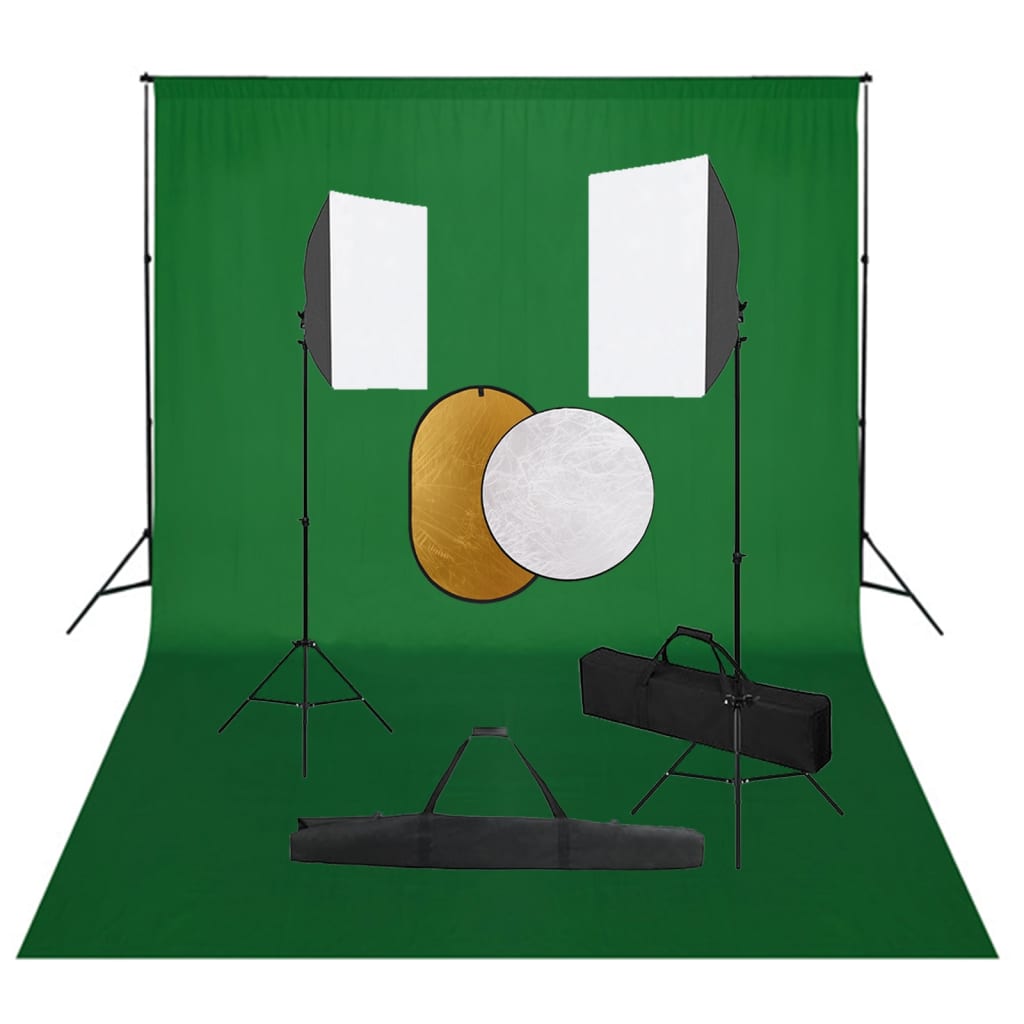 Fotostudiosett med softbokslys, bakgrunn og reflektor
