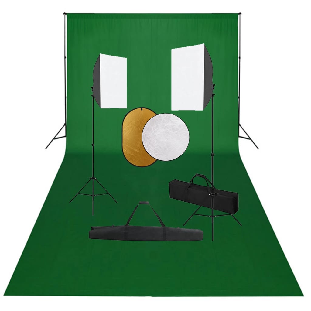 Fotostudiosett med softbokslys, bakgrunn og reflektor