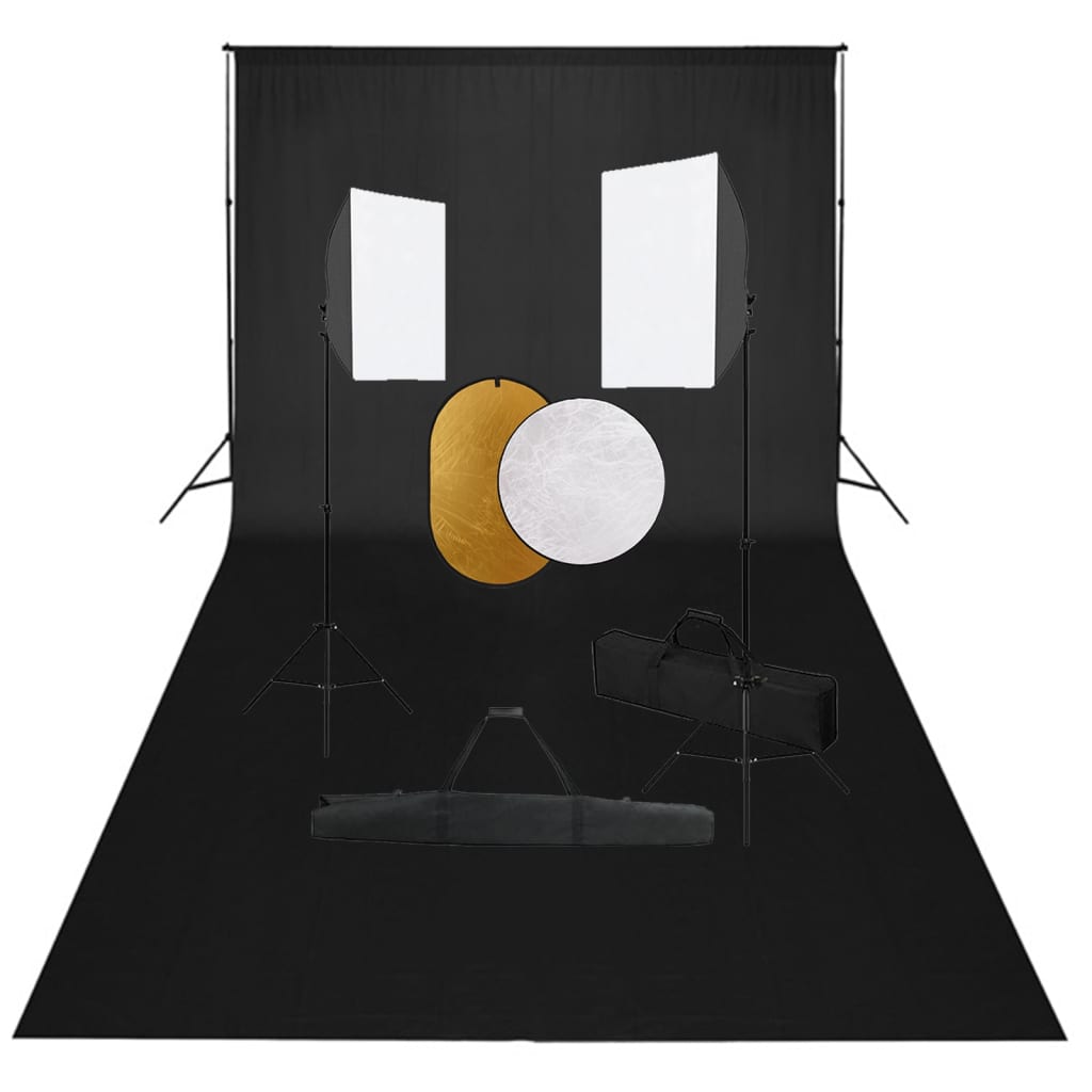Fotostudiosett med softbokslys, bakgrunn og reflektor