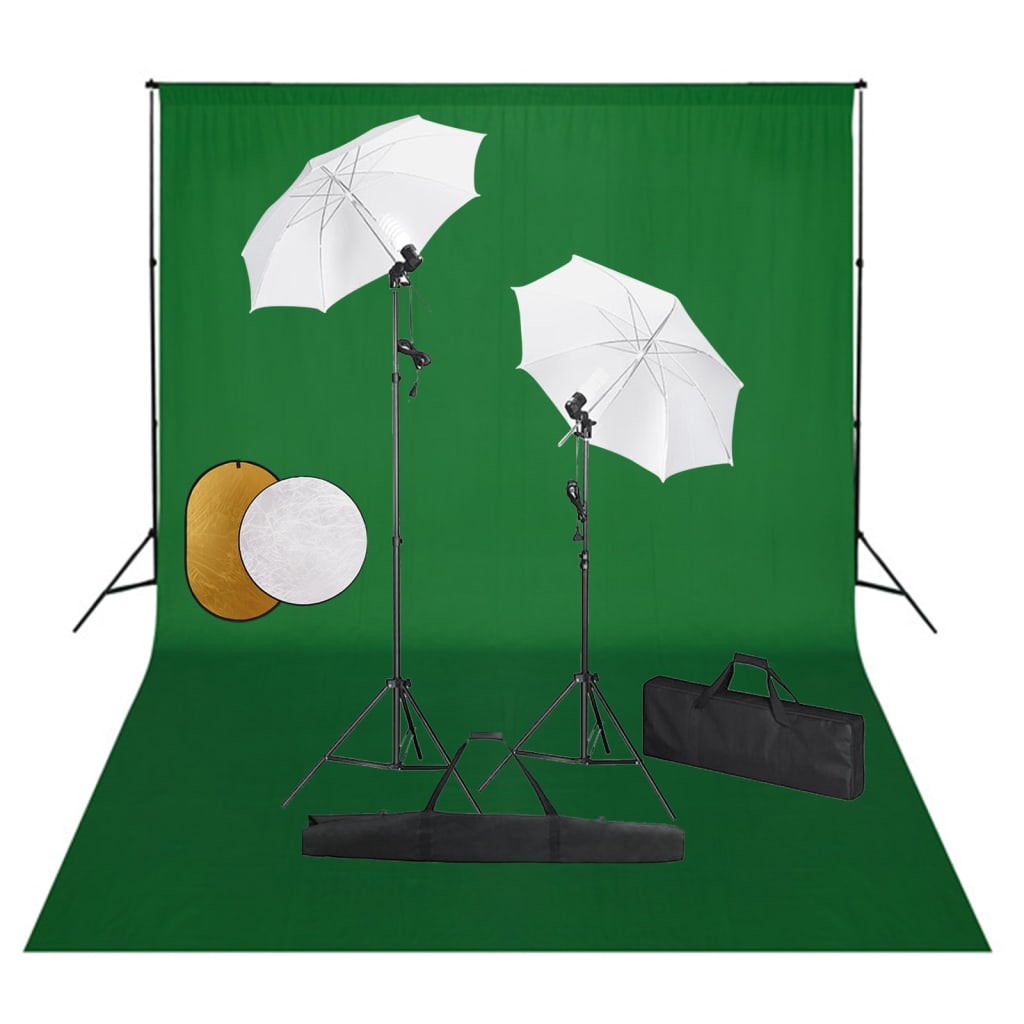Fotostudiosett med lamper, paraplyer, bakgrunn og reflektor