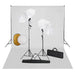 Fotostudiosett med lamper, paraplyer, bakgrunn og reflektor