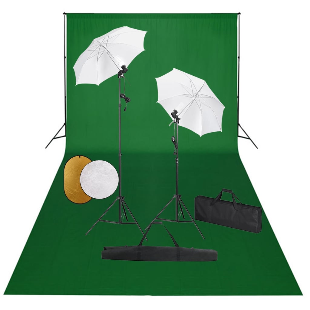 Fotostudiosett med lamper, paraplyer, bakgrunn og reflektor