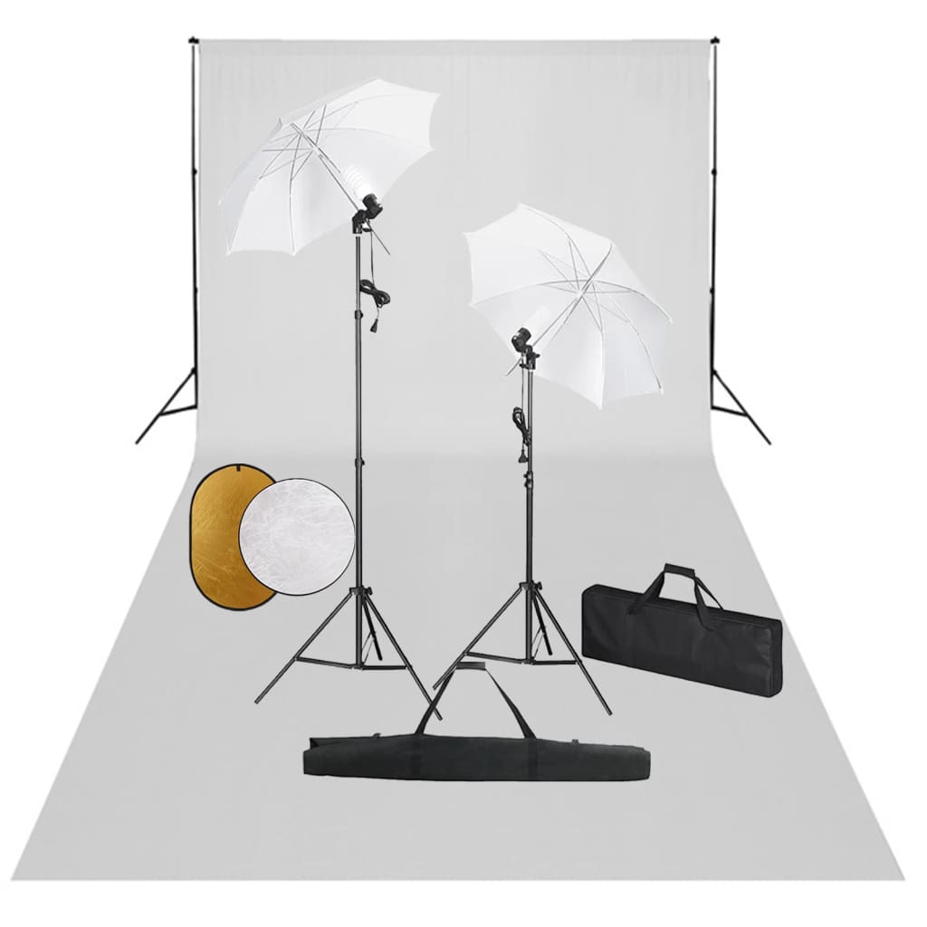 Fotostudiosett med lamper, paraplyer, bakgrunn og reflektor