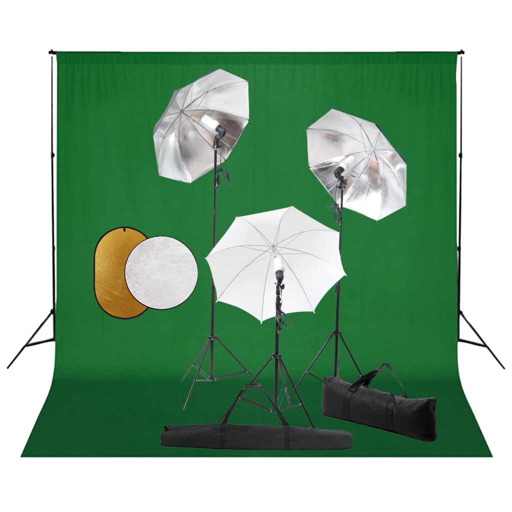 Fotostudiosett med lamper, paraplyer, bakgrunn og reflektor