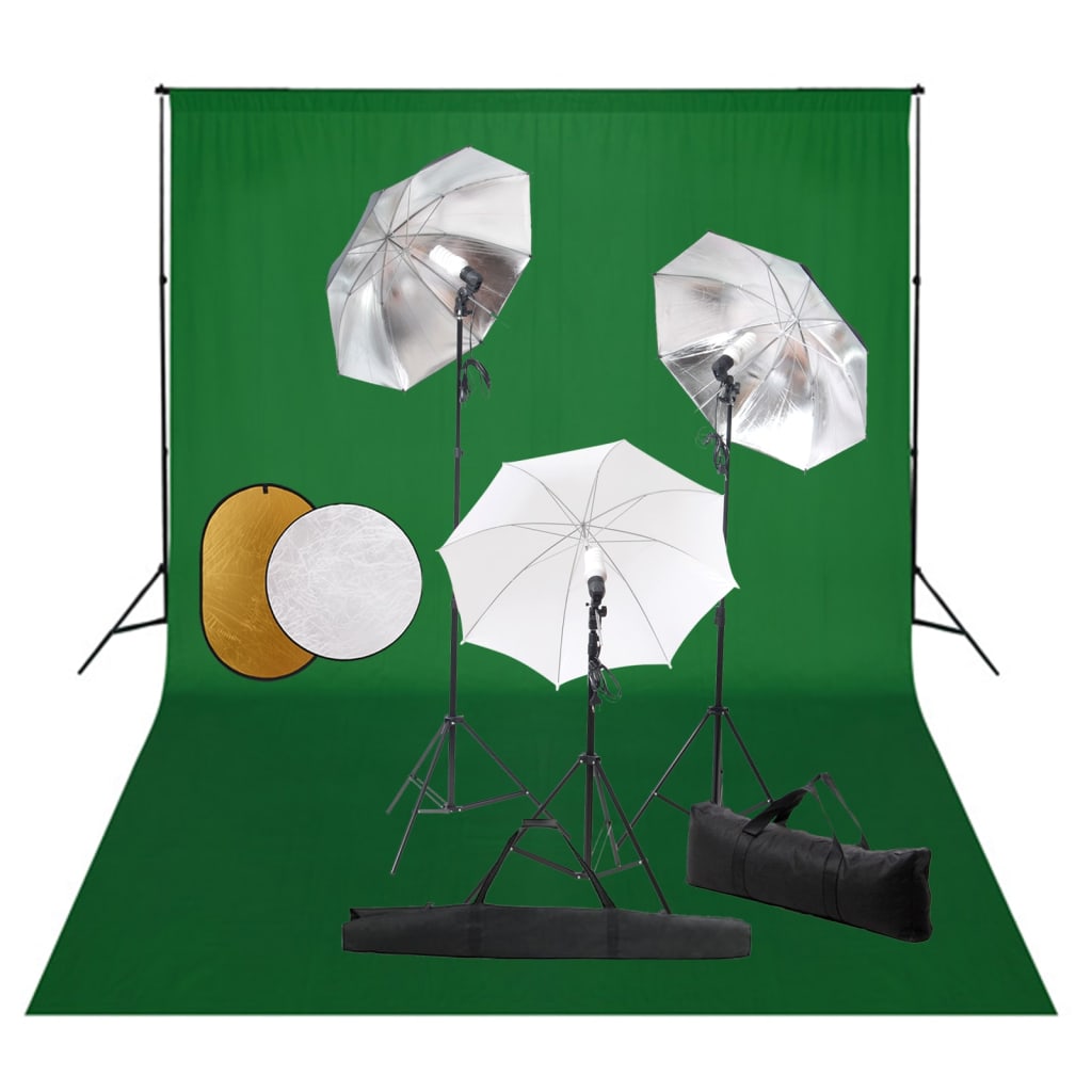 Fotostudiosett med lamper, paraplyer, bakgrunn og reflektor