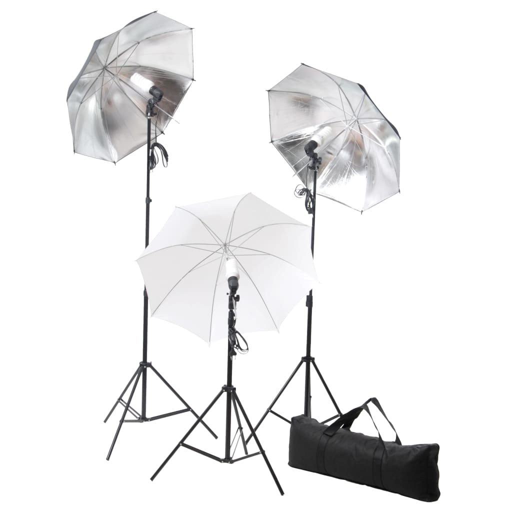 Fotostudiosett med lamper, paraplyer, bakgrunn og reflektor