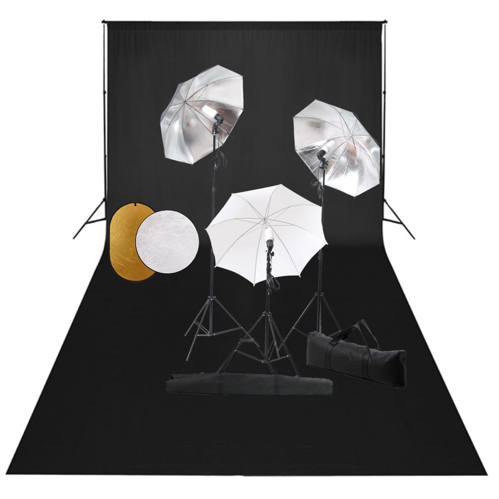 Fotostudiosett med lamper, paraplyer, bakgrunn og reflektor