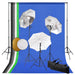 Fotostudiosett med lamper, paraplyer, bakgrunn og reflektor