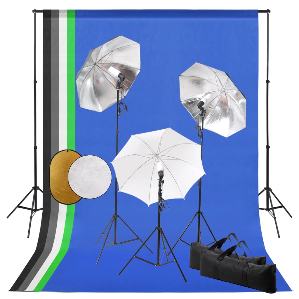 Fotostudiosett med lamper, paraplyer, bakgrunn og reflektor