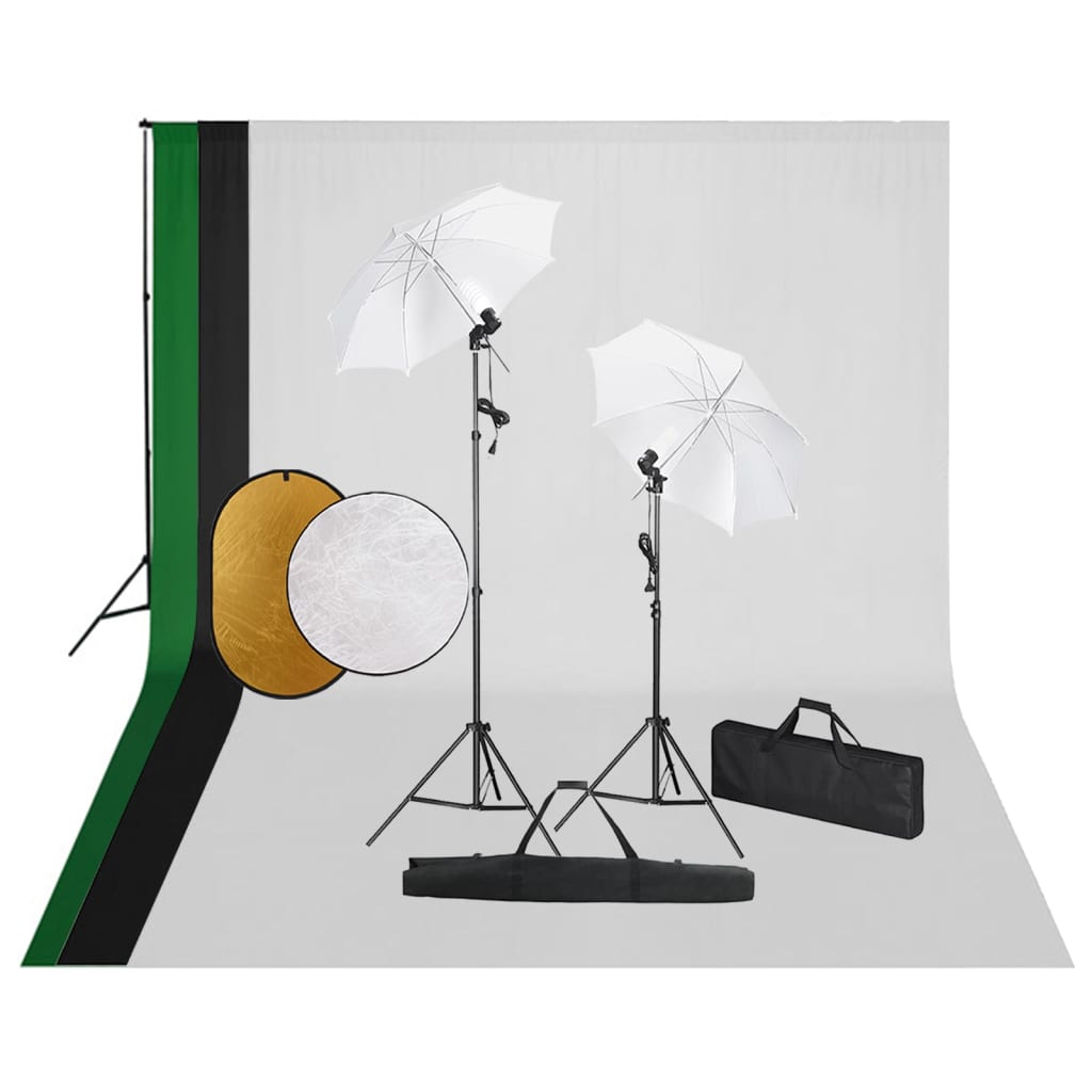 Fotostudiosett med lamper, bakgrunn og reflektor