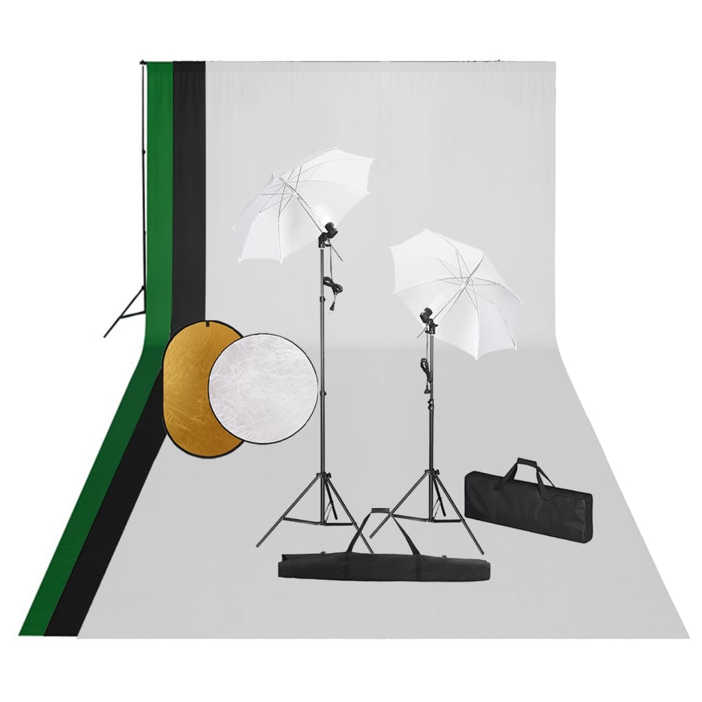 Fotostudiosett med lamper, bakgrunn og reflektor