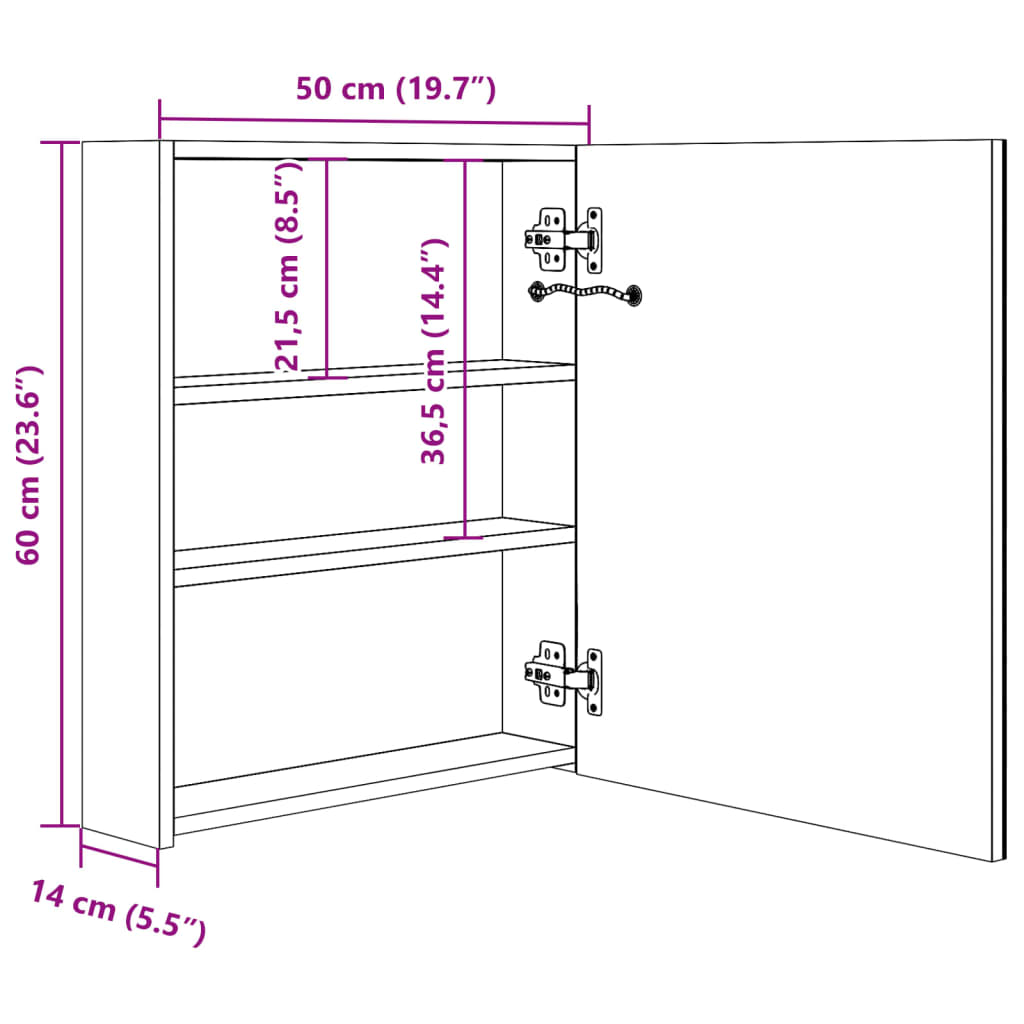 LED-speilskap til bad eik 50x14x60 cm