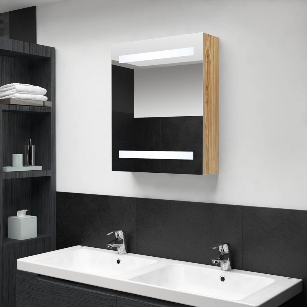 LED-speilskap til bad eik 50x14x60 cm