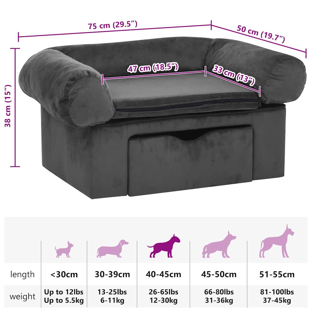 Hundesofa med skuff mørkegrå 75x50x38 cm plysj
