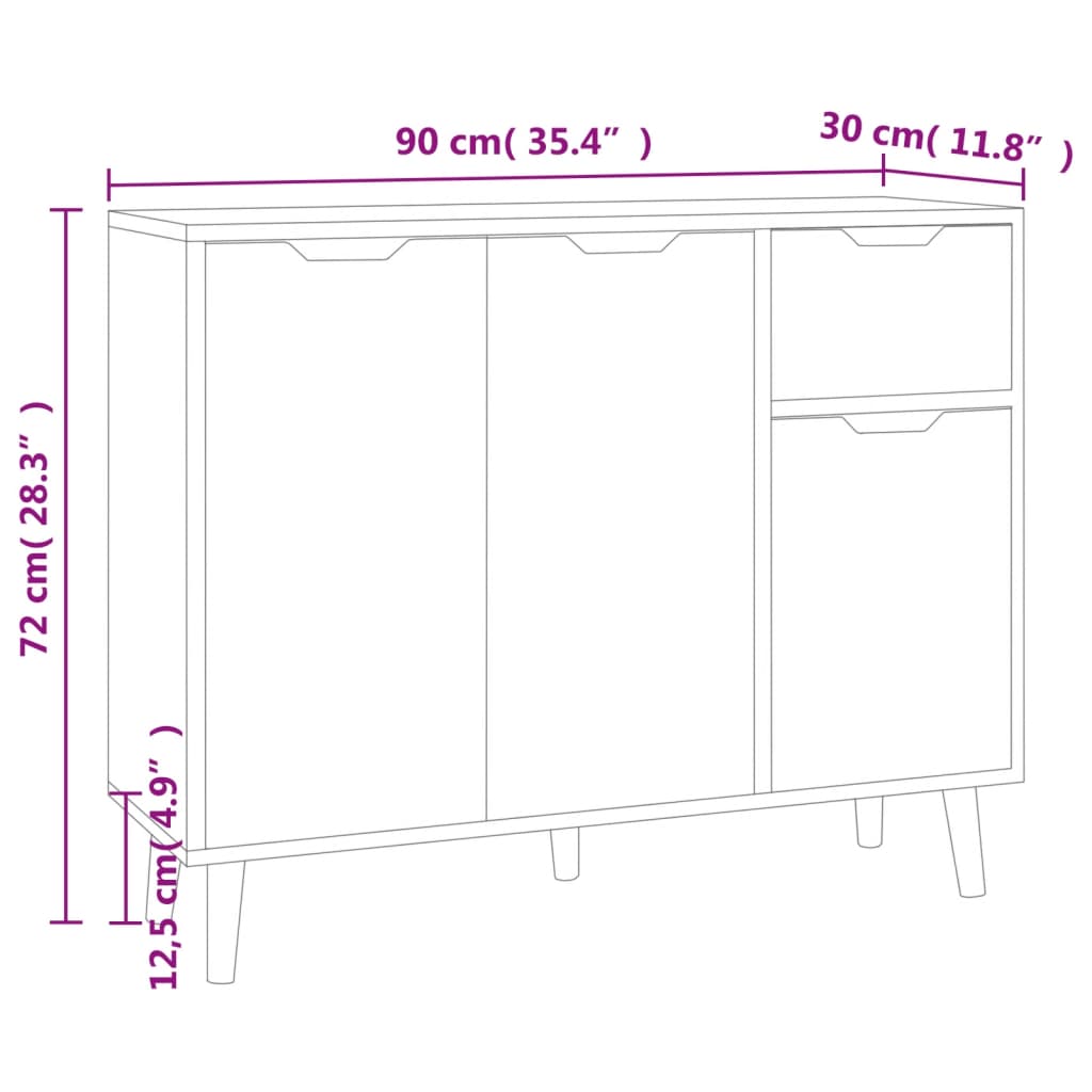Skjenk hvit 90x30x72 cm konstruert tre